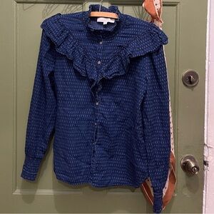 LOFT RUFFLE YOKE BUTTON UP RUFFLE LONG SLEEVE TOP IN NAVY BLUE SIZE SMALL